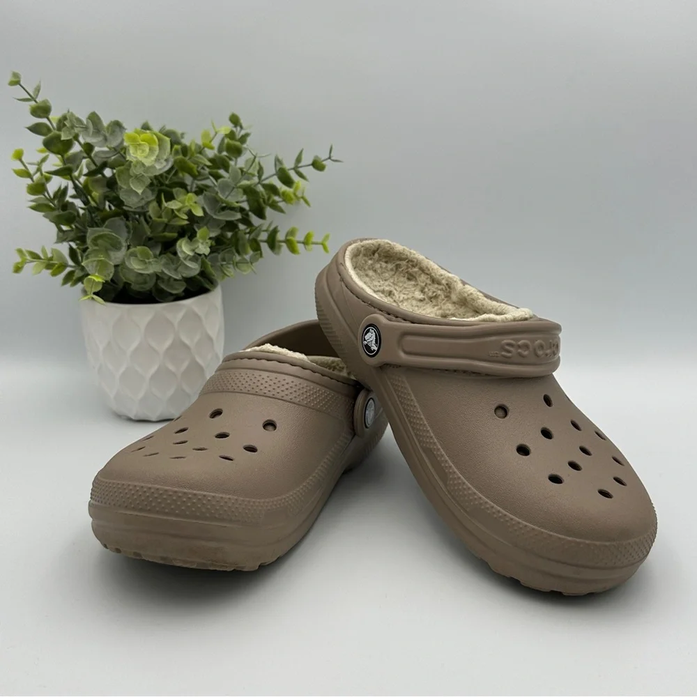 CROCS Kids Classic Lined Tan Rubber Clogs Slip On Shoes Size 3